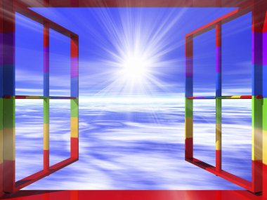 Açık pencerenin bulutlu gökyüzü ve gün batımıyla oluşturulmuş 3d arkaplanı