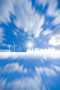 Rüzgar enerjisi ve ekoloji kavramı, yel değirmenleri ve bulutlu mavi gökyüzü