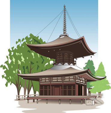 Güzel antik Japon tapınağının renkli çizimi