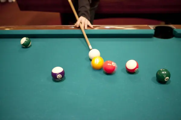 billiard game. a billiard table balls and cue