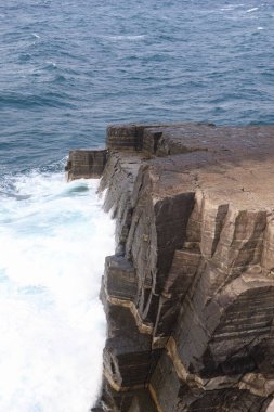 Dalgalar ve boynuzlarla dolu güzel sahil şeridi. 