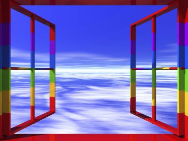 Açık pencerenin bulutlu gökyüzü ile oluşturulmuş 3d arkaplanı