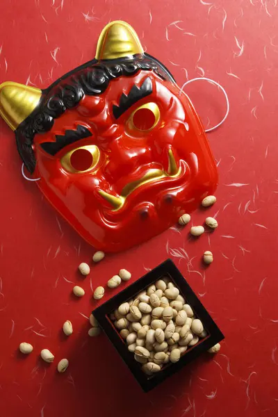 Devil Mask Beans Mame Maki Bean Throwing Table Image Setsubun — Stock Photo, Image