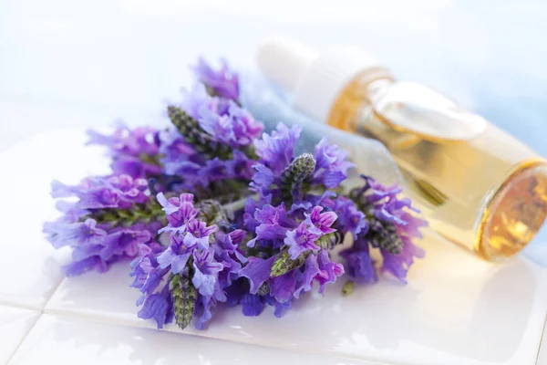 Ätherisches Lavendelöl Und Frische Blumen Auf Einem Weißen Tisch — Stockfoto
