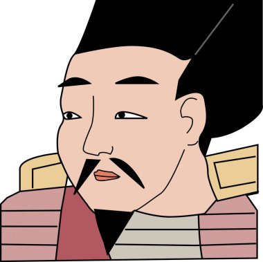 Grafik sanat çizimi. Geleneksel kıyafetler giymiş bıyıklı Japon adamın portresi. 