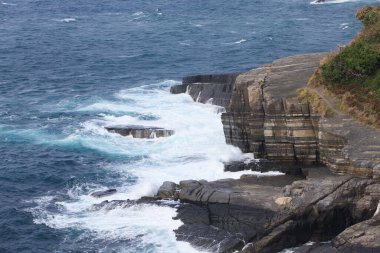 Dalgalar ve boynuzlarla dolu güzel sahil şeridi. 