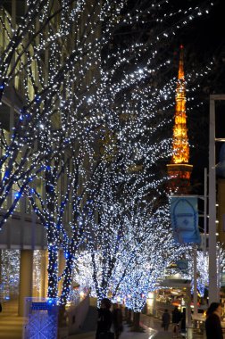 Noel dekoru ve aydınlatılmış çelenkler gece vakti ağaçlarda              