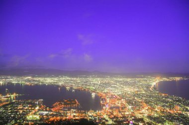 Gece şehir manzarasının havadan görüntüsü 