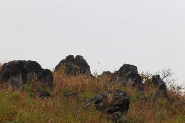 Sonbahar zamanı bulutlu gökyüzü ile tepede kayalar 