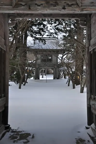 Japonya 'nın Hokkaido kentindeki karla kaplı antik Japon tapınağının manzaralı görüntüleri.