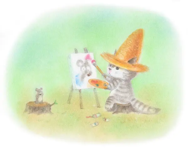 絵を描く水彩の猫 漫画の動物のイラスト 水彩画 — ストック写真