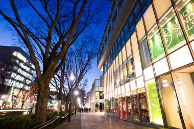 Gece gökyüzünün altındaki şehir binalarının canlı bir görüntüsü..