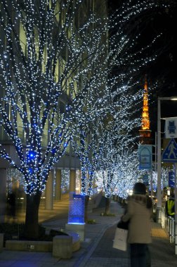Noel dekoru ve aydınlatılmış çelenkler gece vakti ağaçlarda              