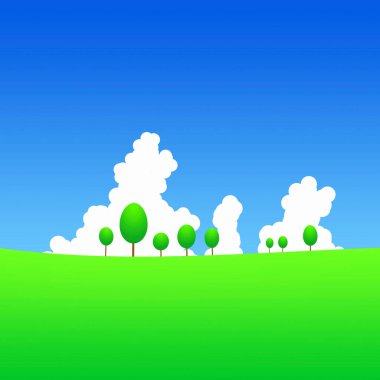 Ağaçlı yeşil çimenler ve mavi gökyüzü, resimleme