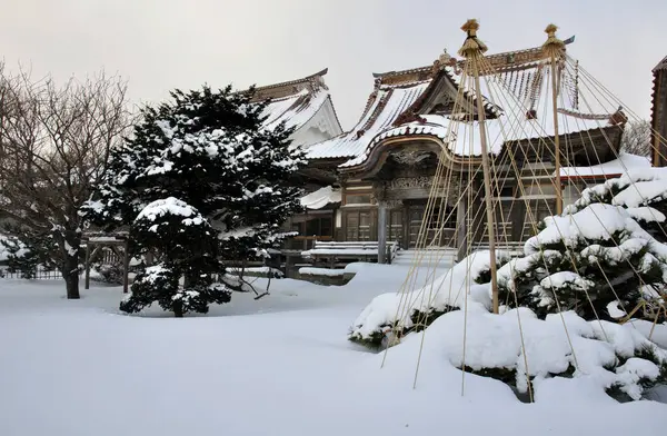 Schilderachtige Opname Van Oude Japanse Tempel Sneeuw Bedekte Hokkaido Japan — Stockfoto