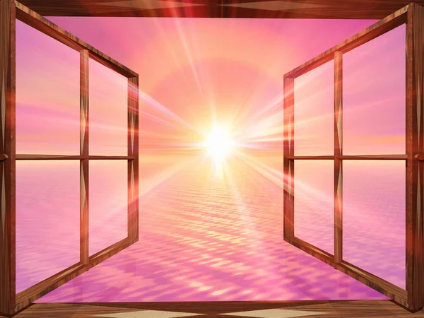 Vykreslené Pozadí Otevřeného Okna Zataženou Oblohou Západem Slunce — Stock fotografie