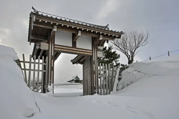 Plano Escénico Del Antiguo Templo Japonés Hokkaido Cubierto Nieve Japón —  Fotos de Stock
