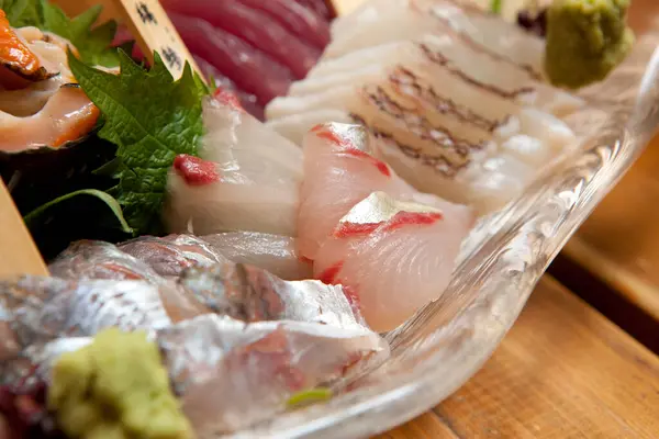 Close View Delicious Asian Food Plate Raw Fish — Stock Photo, Image