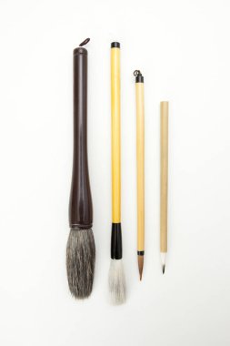 Dört çeşit geleneksel Asya yazı fırçası ve beyaz bir yüzey üzerinde dikey duran ince bir bambu kalem.