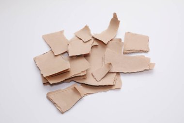 Beyaz arka planda çeşitli şekillerde ve boyutlarda bej kağıt kesikleri koleksiyonu