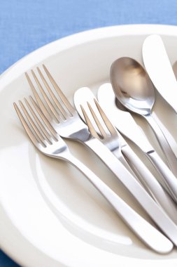 Çatal bıçak seti ve beyaz tabak, yakın çekim görüntüsü.             