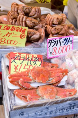 Yengeçler ve karidesler pazarda, yakın çekim