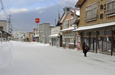Japonya 'nın Hokkaido kentindeki Matsumae kasabasındaki karla kaplı binaların manzarası