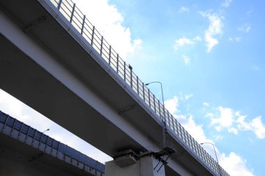 Mavi gökyüzüne karşı alçak açılı köprü manzarası, modern mimari       