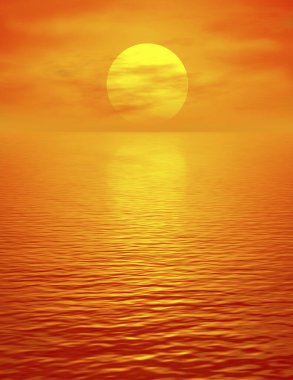 Okyanusun üzerinde bir gün batımı ve suda bir tekne.