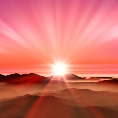 Güzel, renkli gün batımı sisli dağların üzerinde