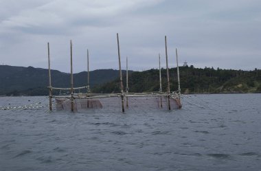 Bulutlu gökyüzünün altındaki gölde balık ağı 