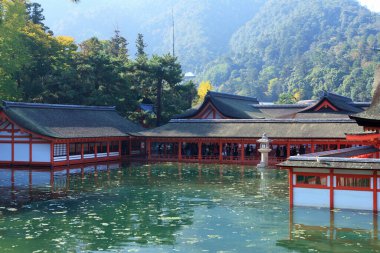 yüzen İtsukushima Tapınağı gündüz, Hiroşima Bölgesi, Japonya.