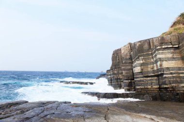 Dalgalar ve boynuzlarla dolu güzel sahil şeridi. 