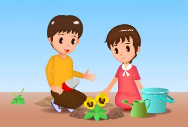 Bahçeye çiçek eken çocuklar