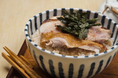 Japon mutfağı. Tabakta pilav ve et var.