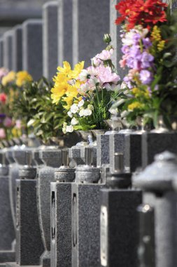 Parkta çiçekli eski taş mezarlık manzarası