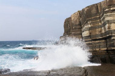 Dalgalar ve boynuzlarla dolu güzel sahil şeridi. 