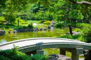 Parktaki gölün altında köprüsü olan güzel bir bahçe.