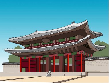 Güzel antik Japon tapınağının renkli çizimi