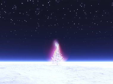 Güzel Noel ağacı karlı gezegende ve gece gökyüzünde        