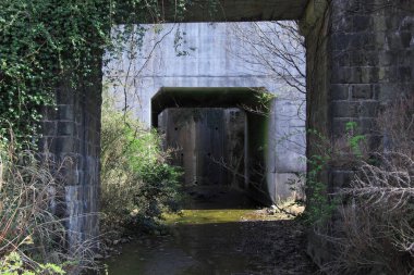 Güneş ışığı eski taş köprünün altındaki beton tüneli aydınlatıyor.