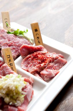 Beyaz tabakta çeşitli çiğ etler.