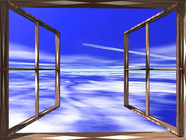 Vykreslené Pozadí Otevřeného Okna Oblačným Nebem — Stock fotografie