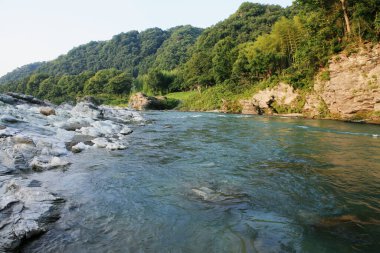 Nehir ormandan ve dağlardan akıyor.