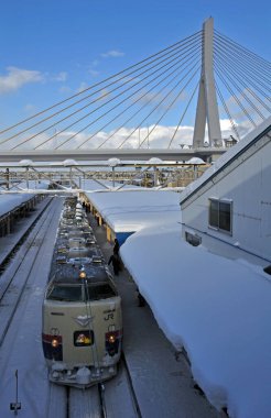 Tren istasyonu, tren karla kaplı, seyahat et.