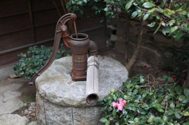 Paslı el suyu pompası dışarıda eski bir taşın üzerinde duruyor.