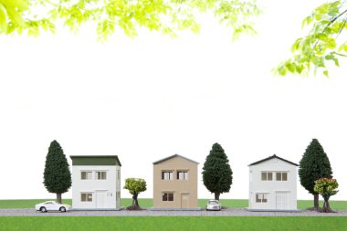 miniature houses models with green trees and lawn. real estate concept        