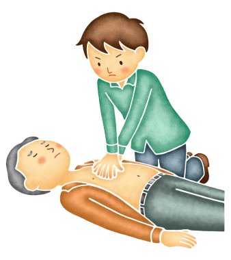 Yerde yatan yaşlı bir adama göğüs masajı yapan genç bir adamın suluboya betimlemesi.