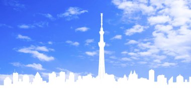 Beyaz siluetli şehir gökyüzü ve mavi gökyüzündeki bulutlar   