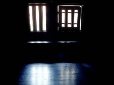 Two windows casting shadows on dark wooden floor
